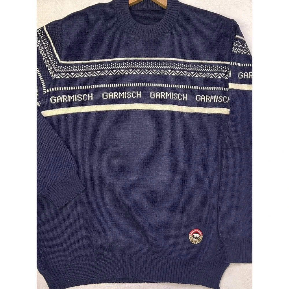 Vintage 80's Garmisch Sweater Bavarian Alps Ski Zugspitze Germany Blue *READ*